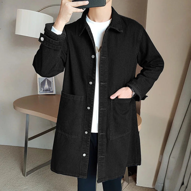 Mid-length Denim Windbreaker Jacket Men Spring Autumn Casual Trench Coat