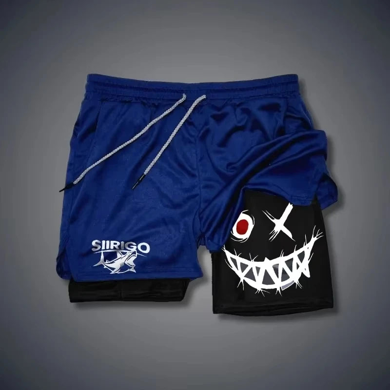 2024 Men's Smiling Face Printed Fitness Shorts Double-Layer 2-in-1 Quick Drying Fitness Outdoor Leisure Training Sports Shorts