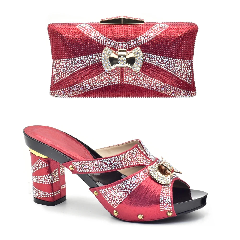 Latest Red Color Italian Ladies Shoes and Bag Sets Decorated with Rhinestone African Matching Shoes and Bags Italian In Women