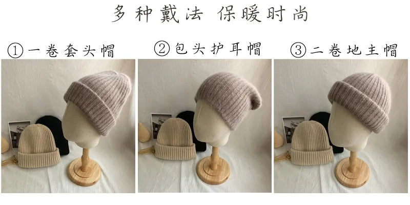 Winter Dome Brimless Casual Hat Warm Rabbit Fur Knit Hat women's double-layer Thick Wool Hat Casual Hat Toe Cap Cold Hat 4m868