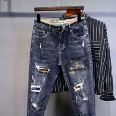 Trousers Tapered Broken Jeans for Men with Holes Male Cowboy Pants Ripped Torn