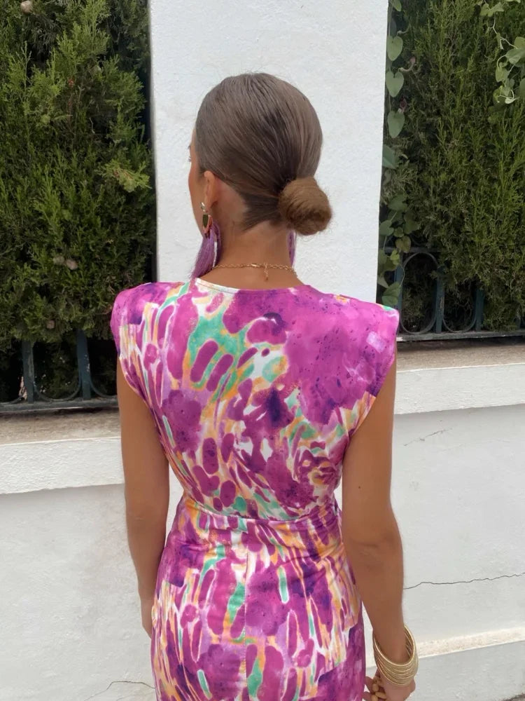 Formal attire Dresses: Printed Maxi Dress Chic Deep V Neck Sleeveless