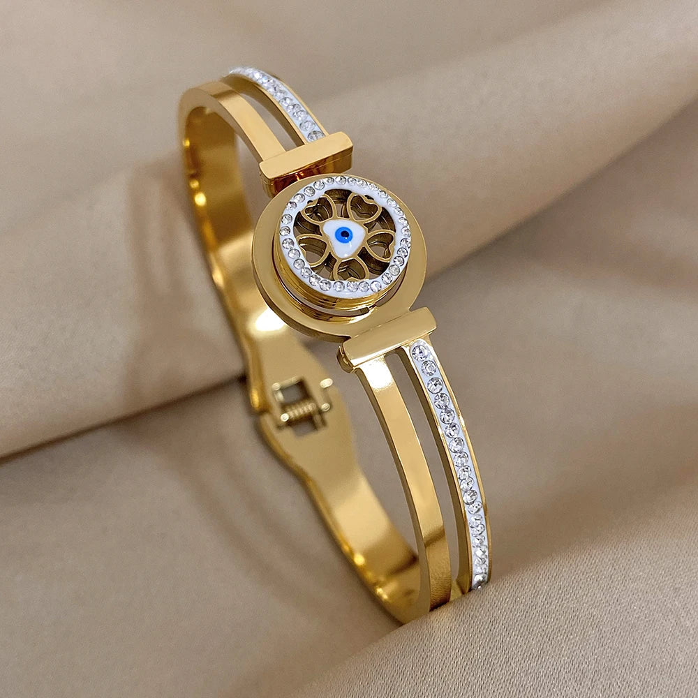Evil Eye Bracelet Exquisite Stainless Steel Hollow Evil Eye Decorative Charm Bracelet Bangles with Rhinestones