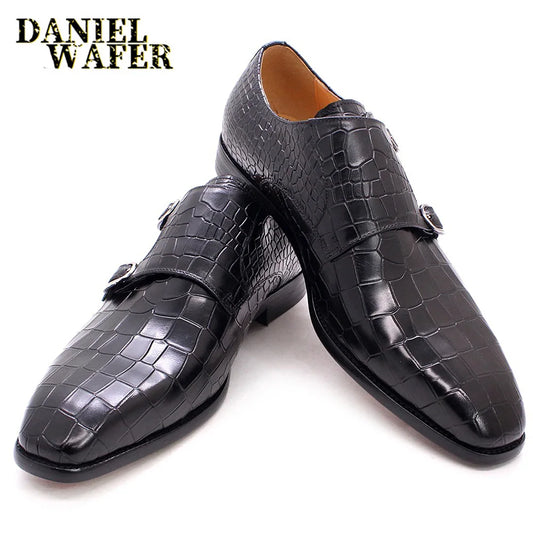 Men's Luxury Italian Mens Shoes Real Leather Pointed Toe Double Buckles Alligator Parrint  Formal Business Black Shoes for Male