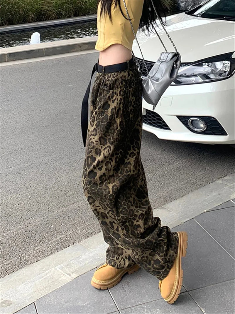 Women Fashion High Street Wide Leg Punk Leopard Jeans Streetwear Vintage Denim Pants