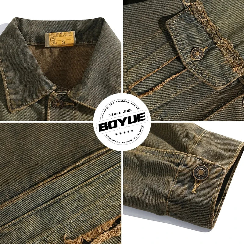 Men and Women Washed Distressed Raw Edged Denim Jacket European American Jacket