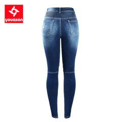 Women`s Fashion Motor Biker Style Jeans Mid High Waist Denim Skinny Pants Jeans