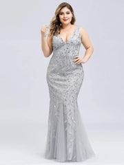 Women Plus Size Long Dresses Summer V-Neck Formal Luxury Mesh Sequin Chic Elegant