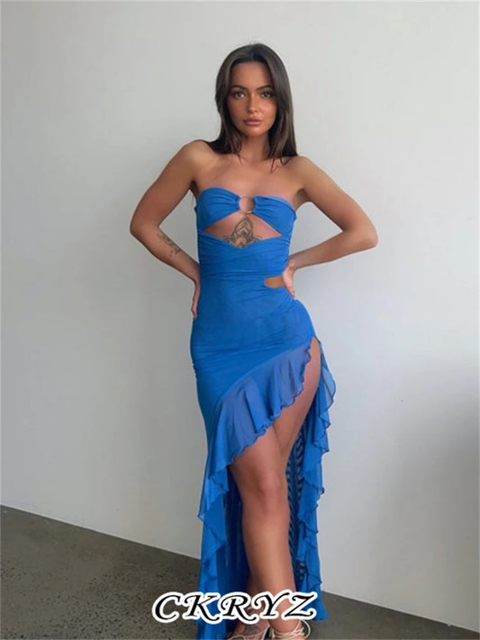 Formal attire Dresses: Sleeveless Backless Tube Side Slit Midi Dress