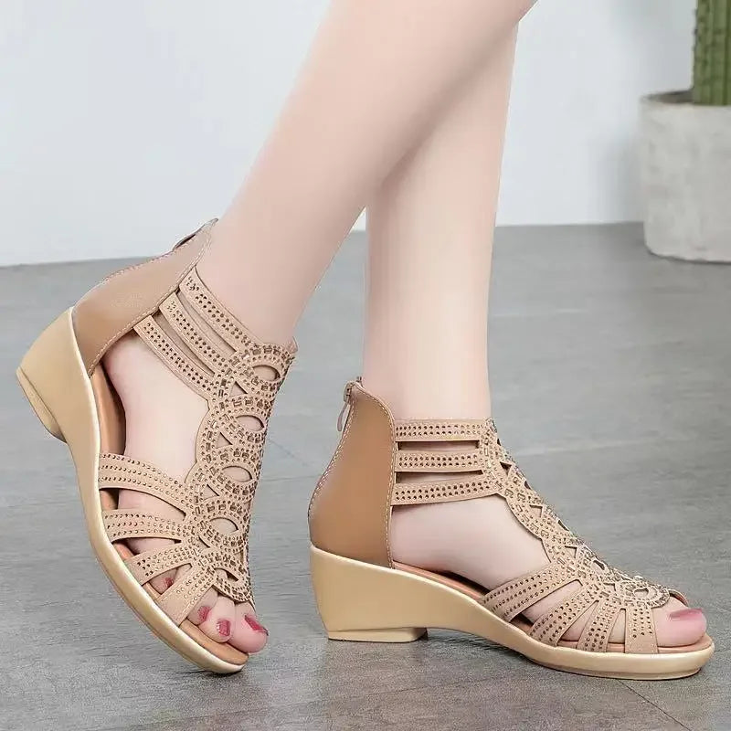 2023 Women's Sandals Wedges Summer Hollow Out Roman Sandals Ladies Elegant Low Heel Sandals For Women Fashion Mujer Footwear