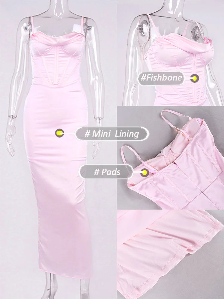 Evening Dresses: Maxi Bodycon Dress Women Party Dress Pink Satin Dress