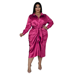 Elegant Satin Plus Size Women Shirt Dress Ruched Long Sleeve Lace Up Evening