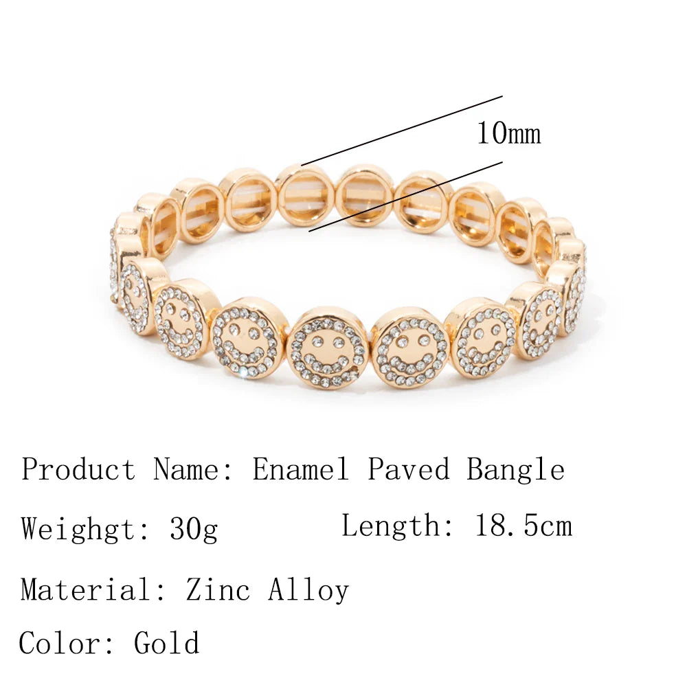 2024 New Happy Bangle Paved Diamond Enamel Beaded Bracelets For Women Boho Gold Color Elastic Bracelets