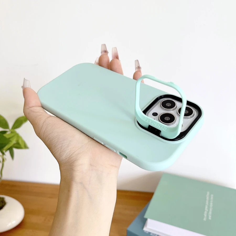 Kickstand Phone Case for iPhone 15 Pro Max 16 Pro Solid Color Matte TPU Funda Lens Protector Cover for iPhone 16 15 14 13 12 11