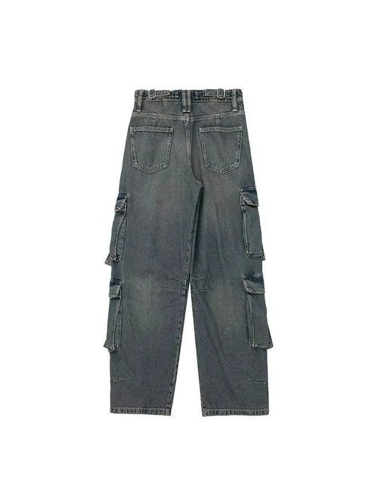 Woman Mid Waist Vintage Street Hot Baby For Pocket Workwear Denim Cargo Long Pants