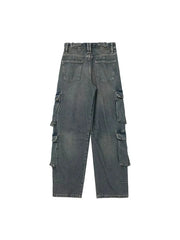 Woman Mid Waist Vintage Street Hot Baby For Pocket Workwear Denim Cargo Long Pants