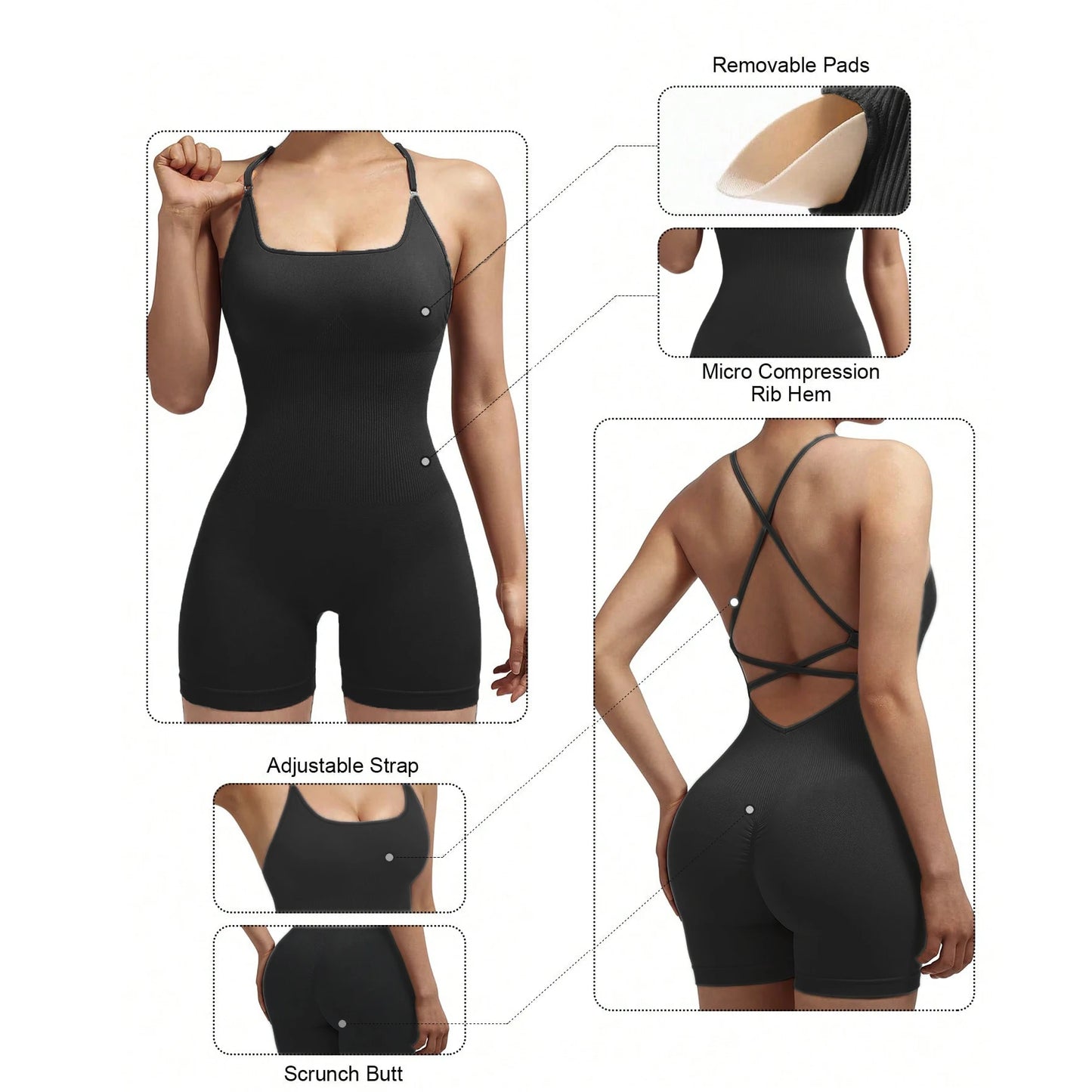 Yoga Criss Cross Backless Cami Sports Romper,Women's Jumpsuits Ribbed One Piece