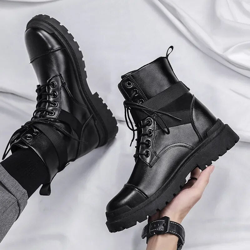 Black Men's Boots Chelsea Fashion Trend Tactical Platform Boots Leather Military Boot Men