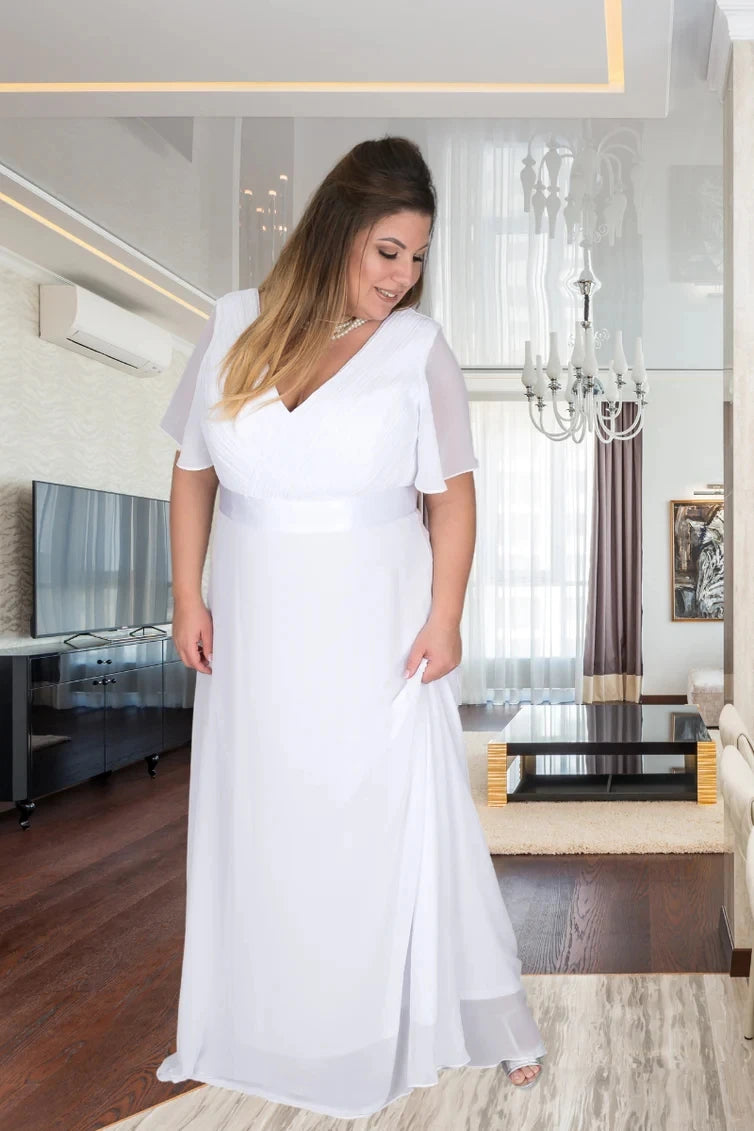 Chiffon Dresses For Prom Dress In Pristine Floor-length Short Sleeves White V-neckline And Sweeping A-line Skirt Zip-up Back