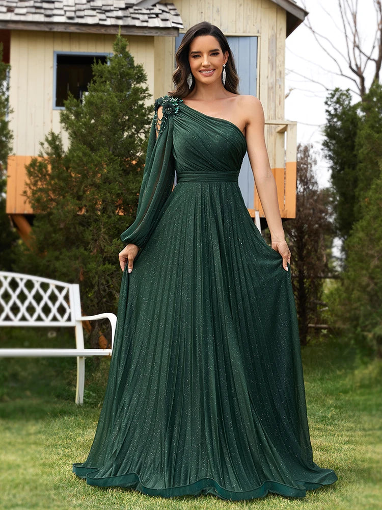Homecoming Dresses: one-shoulder Long Sleeves Sparkle Floor Length Evening Dress