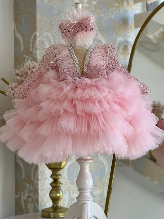 Gorgeous and elegant V-neck sequin long sleeved girl's dress for children's piano performance runway performance mesh cake dress