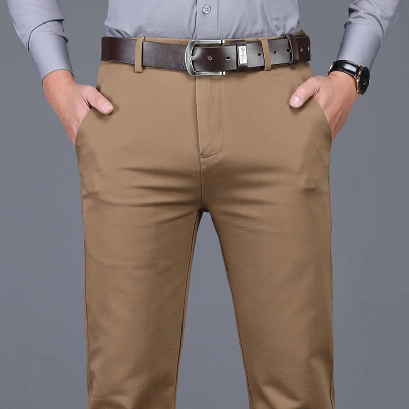 Classic Style Men's Brown Business Straight Casual Pants Solid Stretch Cotton High Waist