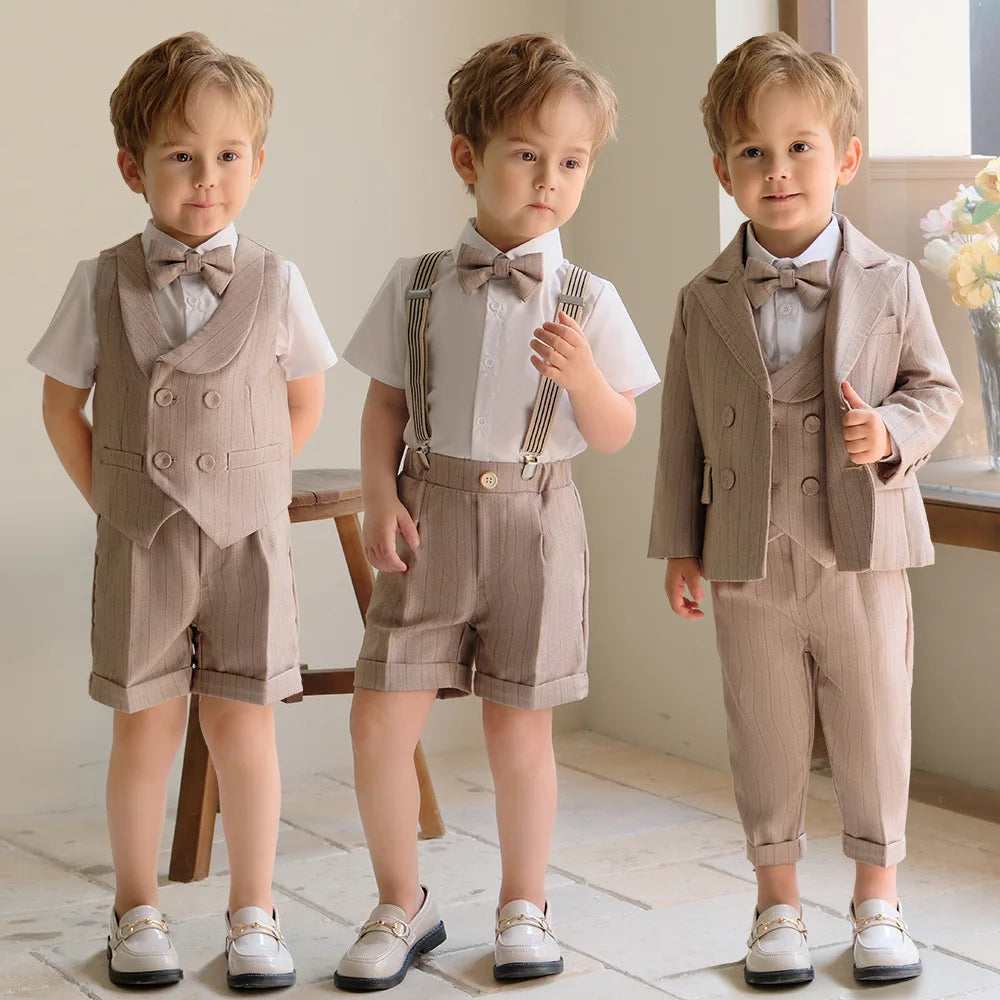 Children's Boys Khaki Striped Suit Set Formal Luxurious Kids Boys Wedding Suit Elegant Kids Boy Suit 1-10Y Boys Suits Outfit Set