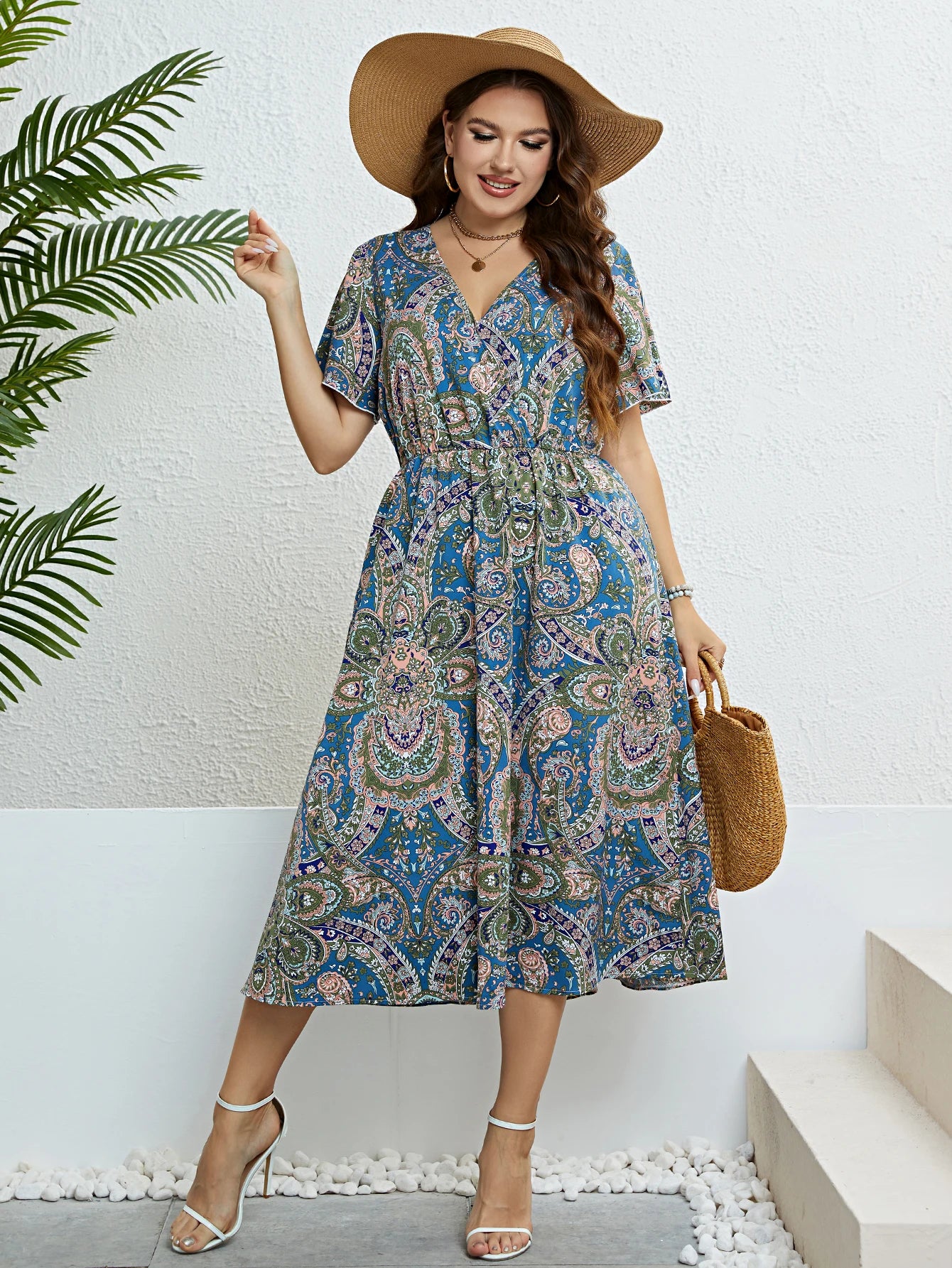 Casual Elegant Vintage Bohemian Style V-Neck Women Plus Size Clothing Summer Short Sleeve Paisley Printed A-Line Long Dresses