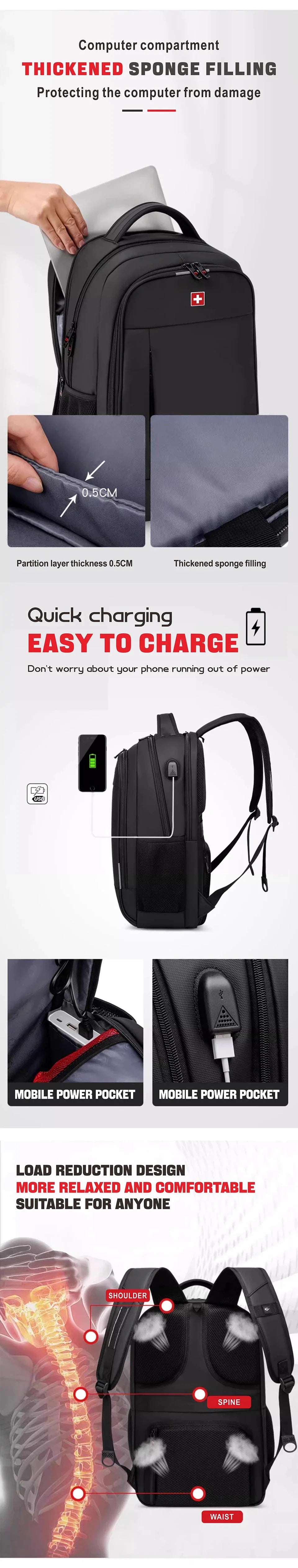 SWISS MILITARY Men Laptop Business Backpack Backpack 17 Inch Fashion School waterproof USB Large Capacity Bag mochilas Back Pack