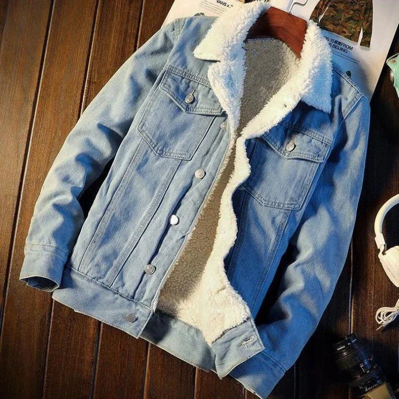 Men's Denim Jacket With Sheep Male Jean Coats Padded Black Padding Wool Slim