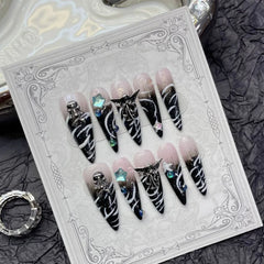 10pc detachable stiletto almond dark cool y2k press on nails ballet Black chain handmade full cover fake nail with glue Nail Art