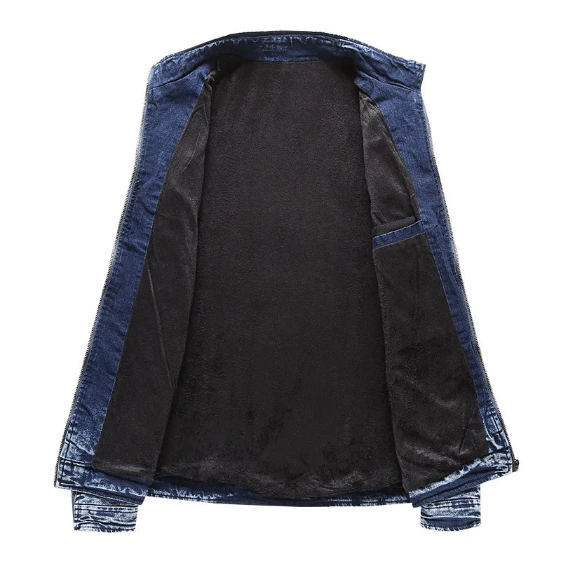 Motorcycle Denim Jacket Men Retro Zippers Stand Collar Denim Coats
