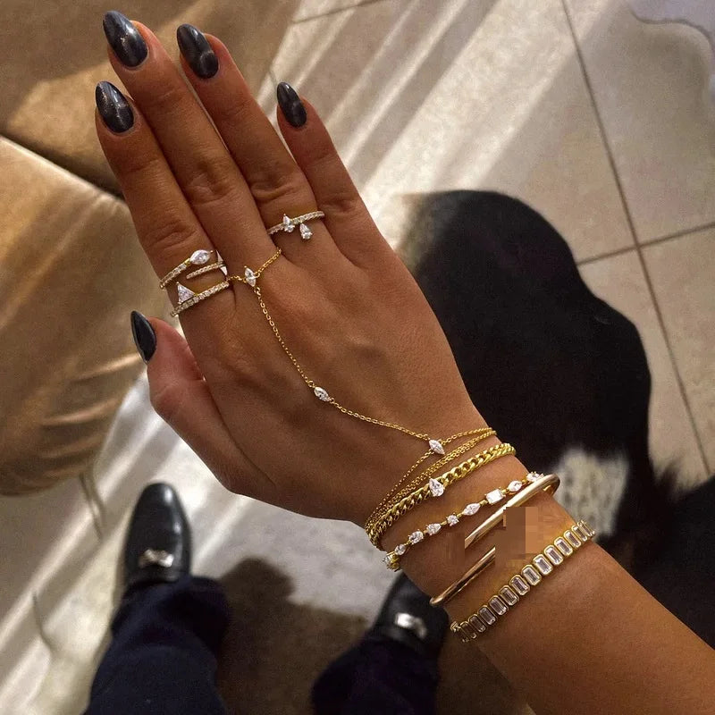 Geometric 3 Pcs Marquise Cubic Zirconia CZ Double Wrist Hand Chain Bracelet Simple Fashion Women Jewelry