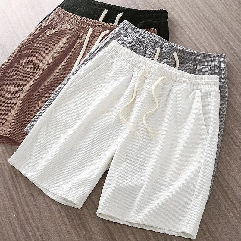 Men Shorts Solid Color Mid Waist Summer Motion Waffle Texture Deep Crotch Drawstring Male Shorts Loose Knee Length Casual Short