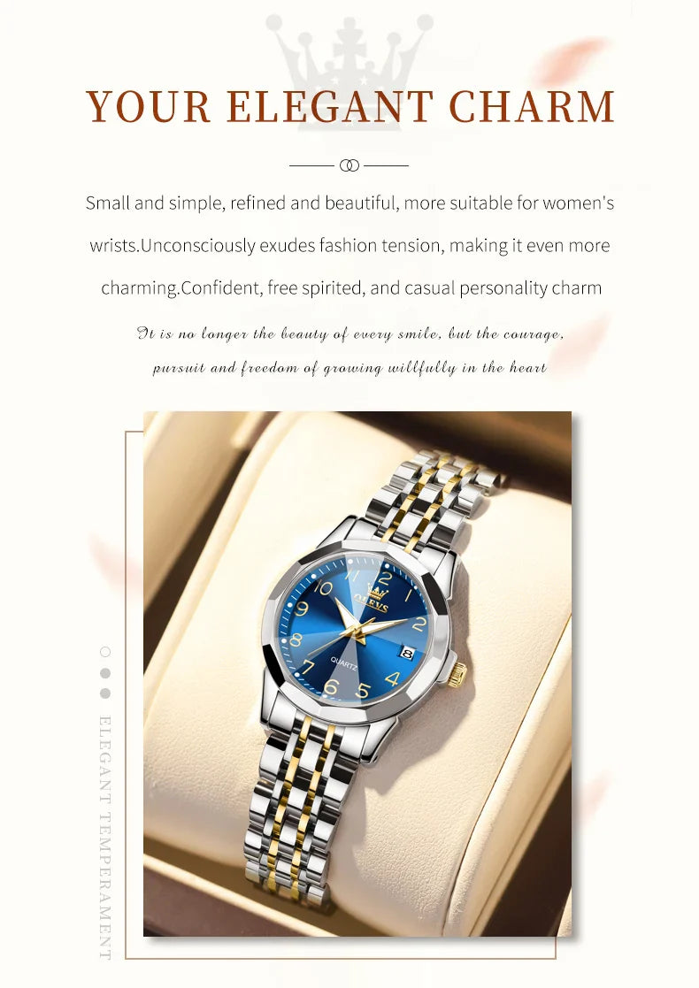 OLEVS 9970 Original Luxury Quartz Watch for Women Rhombus Mirror Digital Dial Calendar Stainless Steel Waterproof Wrist Watches