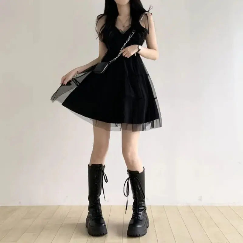 REALEFT Summer Y2k Black Mesh Women's Ball Gown Dresses 2025 New Sleeveless Strapless V-neck Party Sexy Mini Dress for Womens