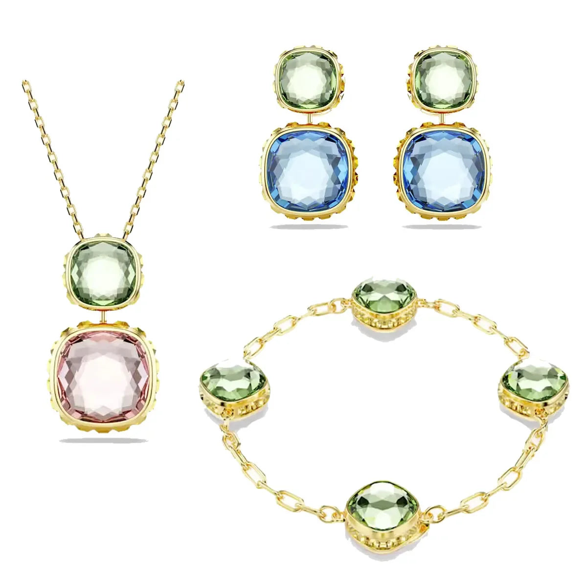 Original 2025 Fine Jewelry Set for Women Green Crystal Pink Crystal Geometric Bracelet Octagonal Cut Crystal Romantic Gift
