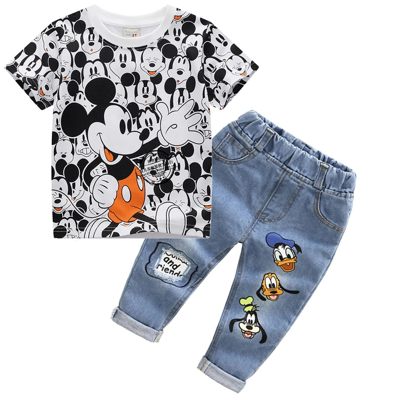 2025 New Summer Baby Boys Clothing Set Kids Cartoon Mickey Mouse T-shirt + Jeans Pants 2Pcs for Children Tracksuits Clothes