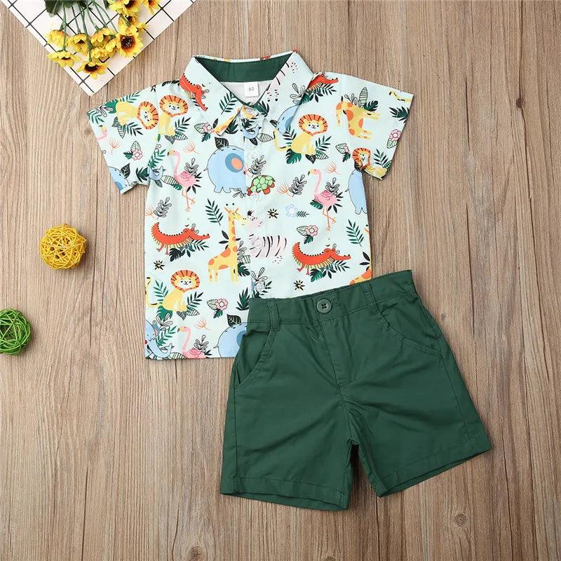 1-5years Kids Boys Clothing Set Fashion Zoo Monkey Tiger Animal Shirt For Boys Tops Green Shorts Set Boys Outfits