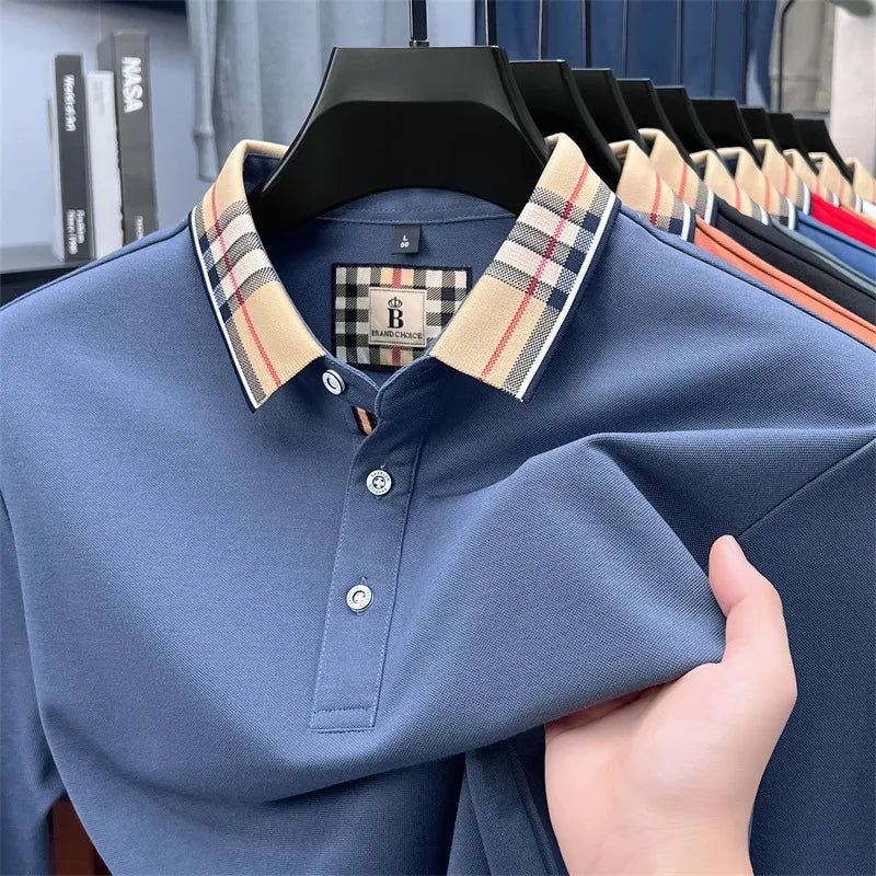 Men's Plaid Long Sleeve Polo Shirt Autumn Winter Casual Office Outdoor Fashion Top Commercial Collar Trendy Men's Clothing