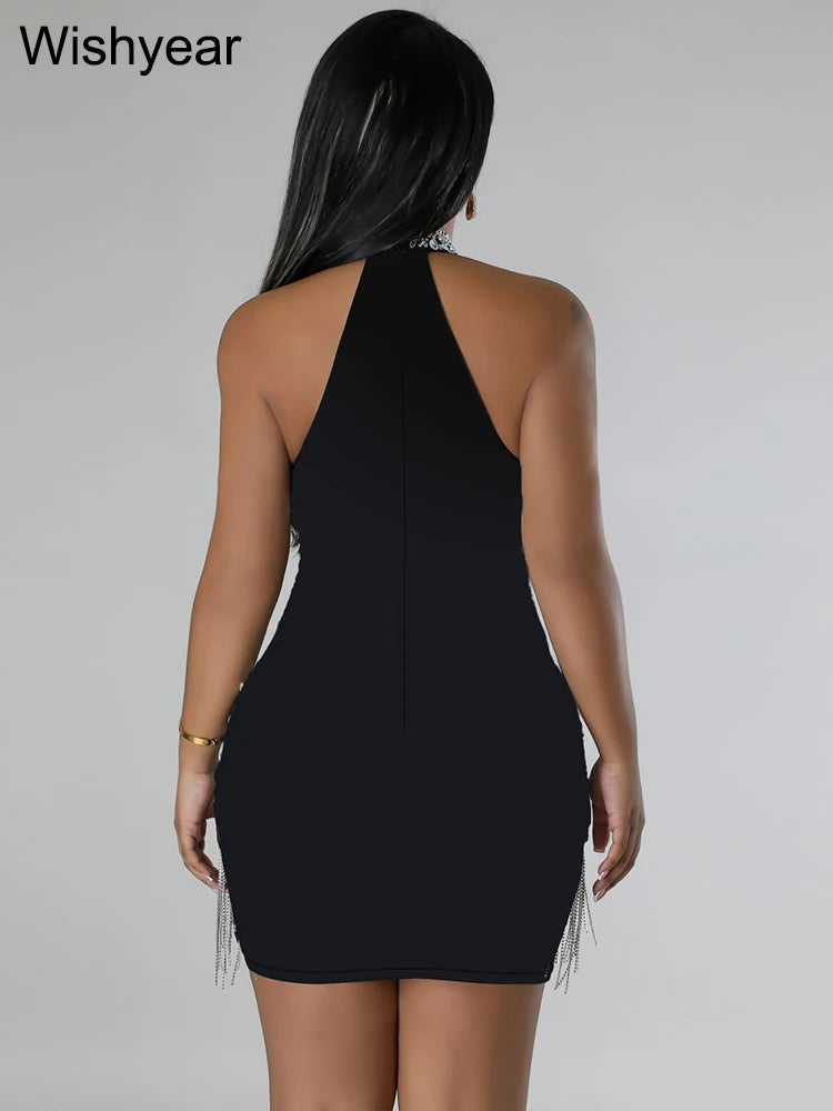 Formal attire Dresses: Sparkly Diamond Tassel Mesh Bodycon Black Evening Mini Dress