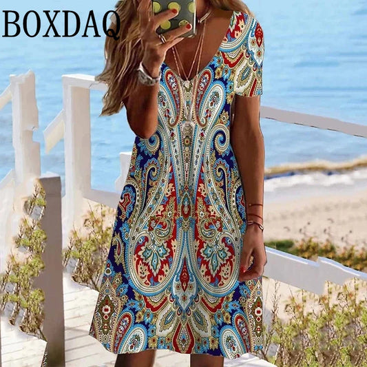 Vintage Ethnic Printing Dress For Women V-Neck Short Sleeve Loose Plus Size