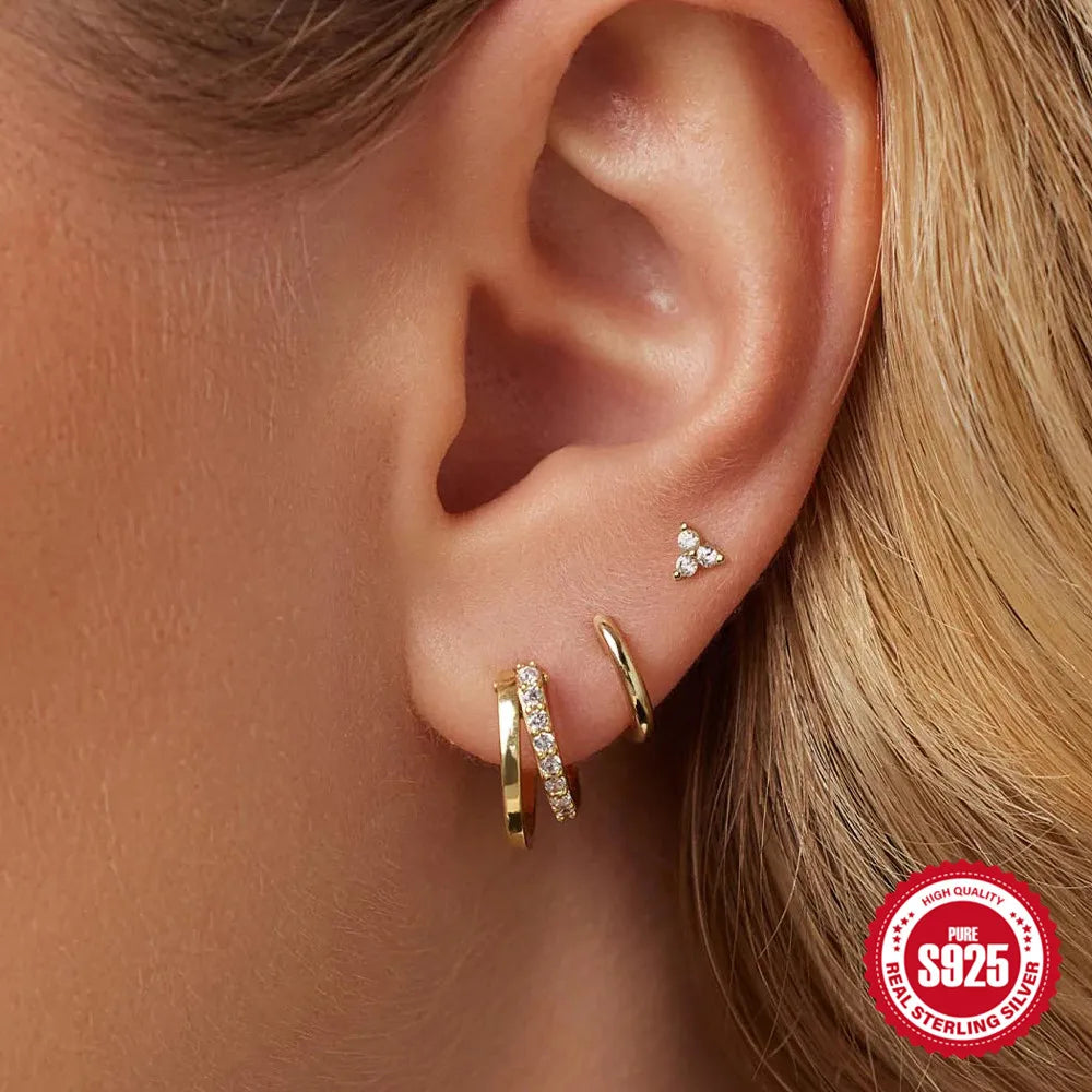 CANNER 925 Sterling Silver 3PCS Zircon Double Layer Hoop Earrings For Women Minimalism Ins Earrings Fine Jewelry Party Gift