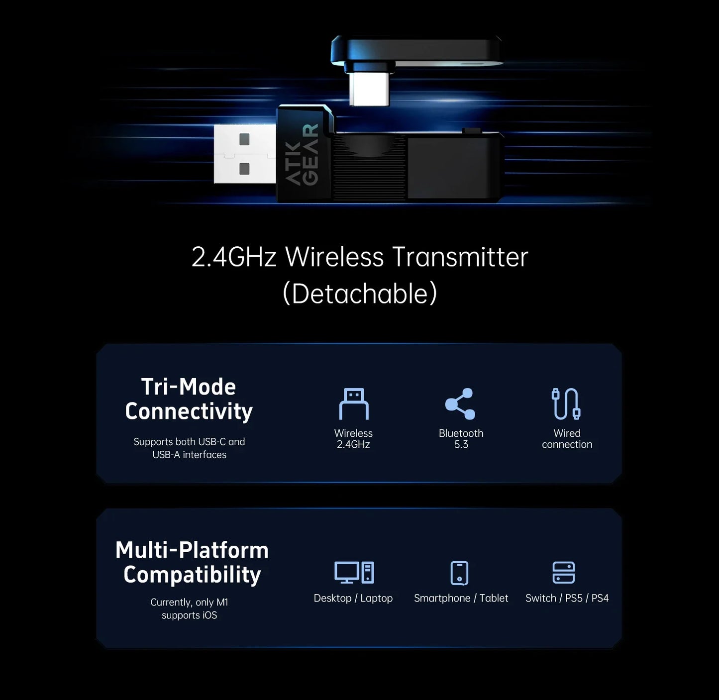 ATK M1 Game Headset Three Mode Wireless Headworn PS5  PC Gaming Headset Microphone Virtual 7.1 Surround Noise Reduction Headset
