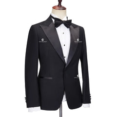 Cenne Des Graoom Men's 2 Piece Suit Black Satin Peak Lapel Slim Fit Elegant Tuxedo