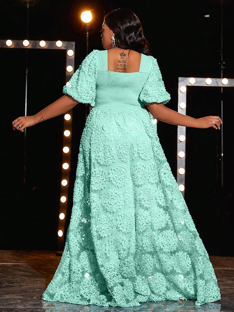 TOLEEN Women Plus Size Maxi Dresses Elegant Mesh Dress Sexy Princess Sleeve Square Collar Wedding Party Mint-Green Slit Dress
