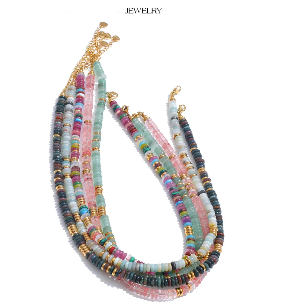 Yhpup Colorful Natural Stone Beads Handmade Chain Y2K Fashion Necklace for Women Stainless Steel Waterproof Collar Jewelry Gift