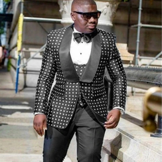 Tuxedo for Mens: Black Check Dots Men Suits Slim Fit for Wedding 3 Pieces