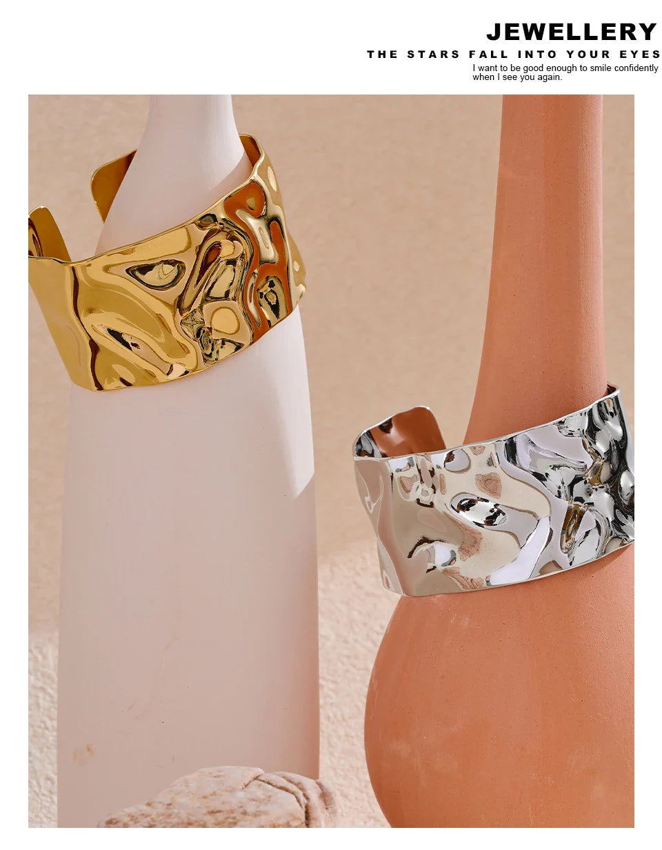 Yhpup Wide Large Stainless Steel Metal Cuff Open Bracelet Bangle 18K Gold PVD Plated Statement Waterproof Wrist Jewelry Bijoux