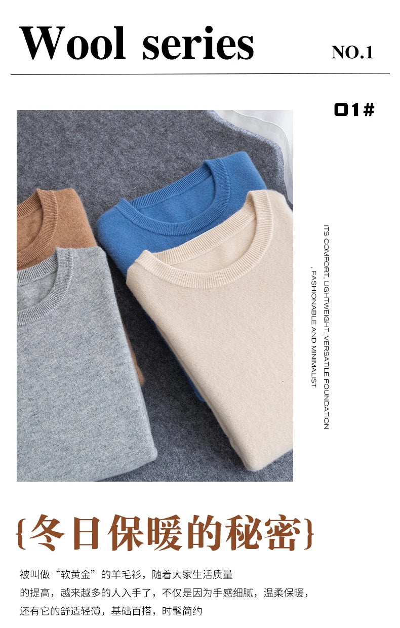 Pure Wool Sweater Men's Autumn Winter O-Neck Pullovers Business Casual